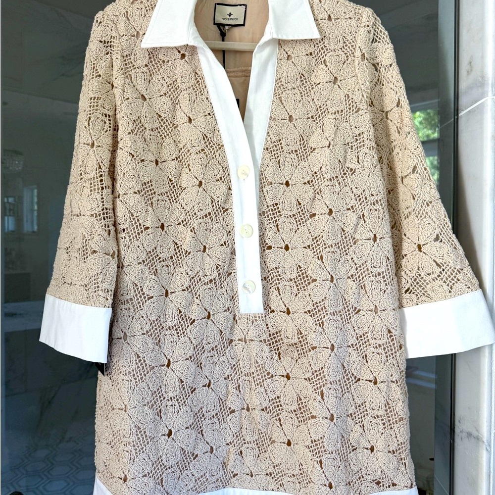 TUCKERNUCK
Tan Crochet Collier Dress
